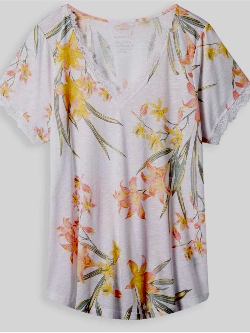 Classic Feather Soft Slub Lace Trim Tunic Tee 4X Floral White #H92715